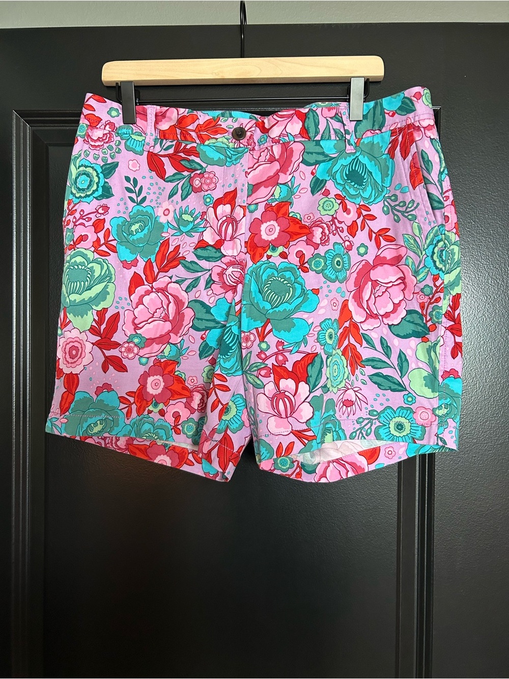 Talbots Relaxed Chino Shorts Size 12 Floral Pink Teal Rose Cotton Stretch